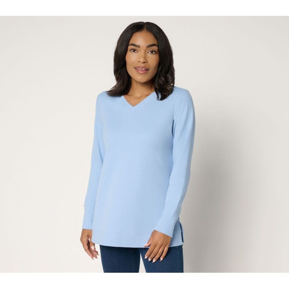 Denim & Co. Women's Top Sz L Essentials Waffle Knit V-Neck Tunic Blue